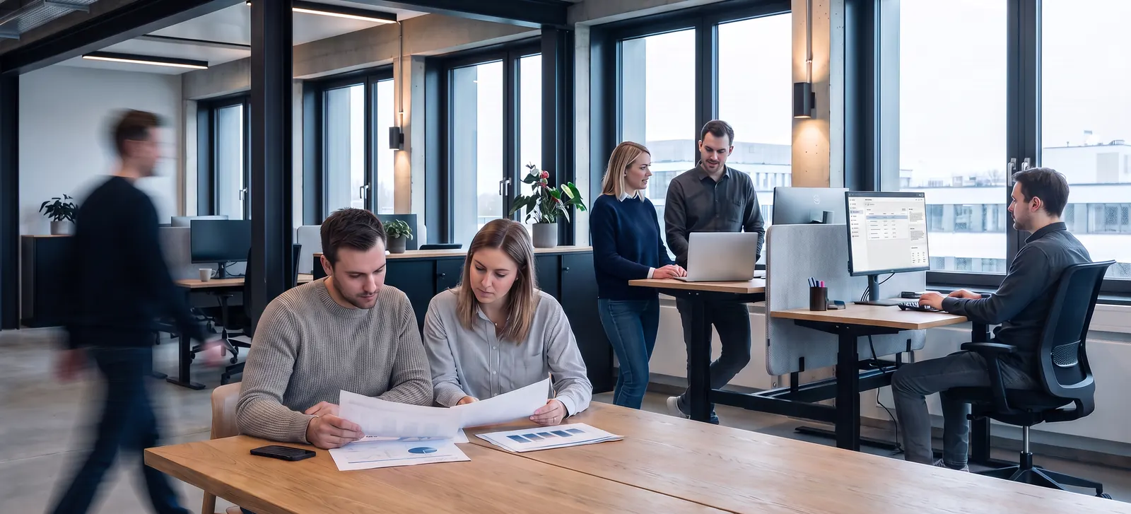 Colleagues collaborating in a modern Central European software office